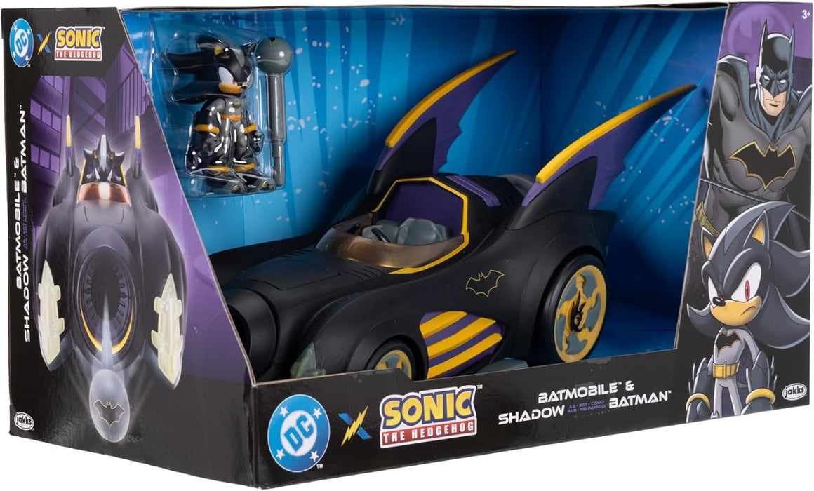 DC X Sonic Shadow als Batman met functionerende Batmobil 6,35 cm. Officieel gelicentieerd product van Jakks Pacific, interactief voertuig met werpbare bal en roterende turbine