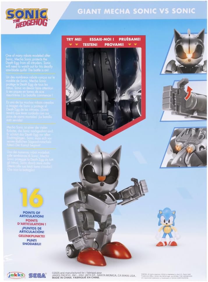 Sonic The Hedgehog Gigantische Mecha Sonic vs Sonic Set, Officieel Gelicentieerd door Jakks Pacific, 20,3 cm Hoog, Zeer Gearticuleerd met Lichtfuncties-Cadeau voor Jongens
