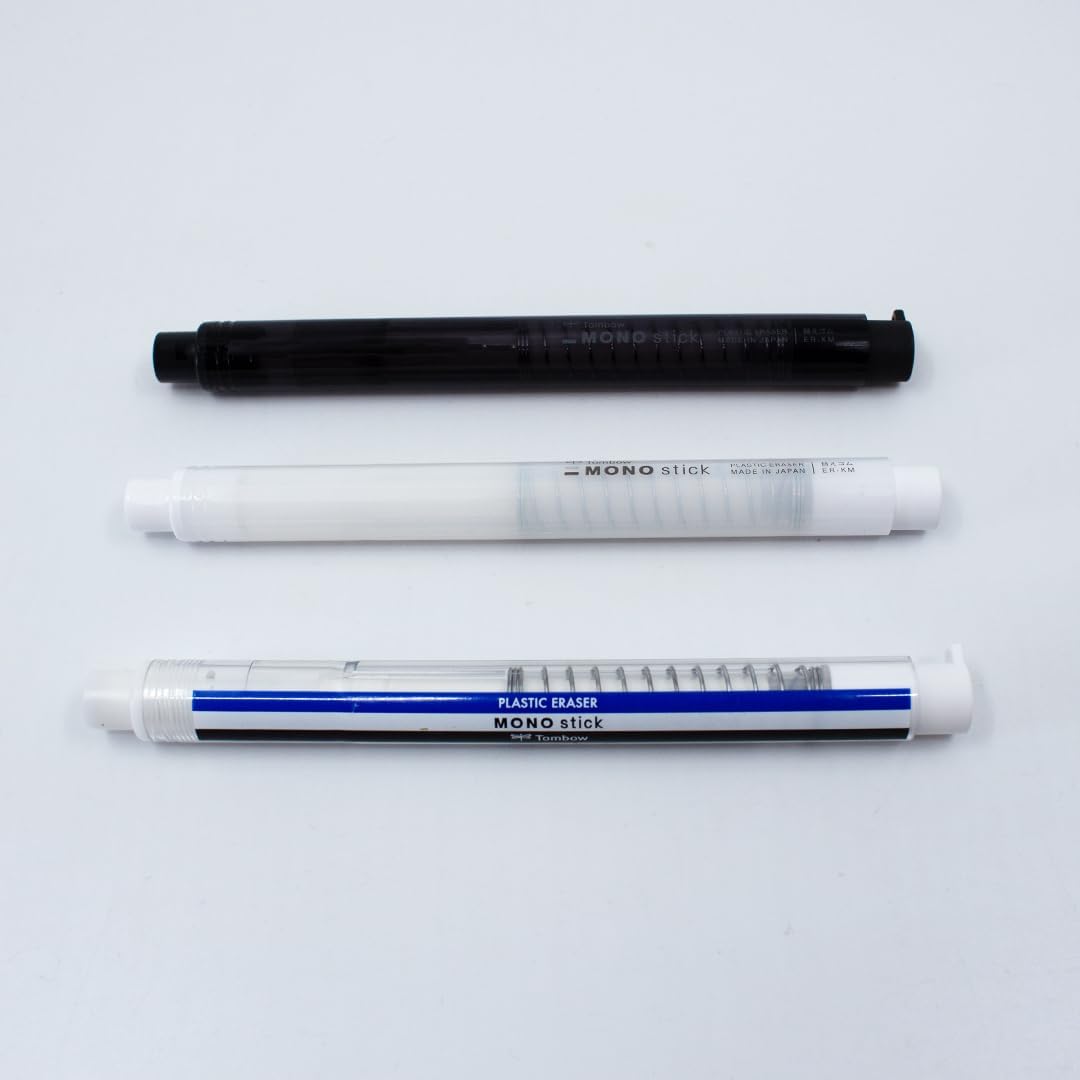 Tombow Mono Stick Eraser Pen Blue/White/Black, Precision Eraser with 6.7 mm Tip, Refillable, Pressure Mechanism, Phthalate-Free