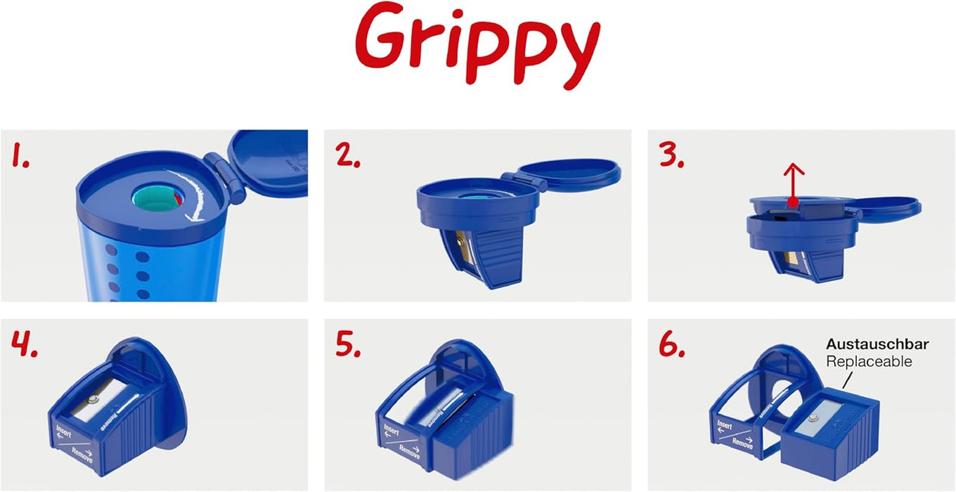 FABER-CASTELL Grippy 181790 Sharpener with Cutting Protection, Blue Sharpener with Container