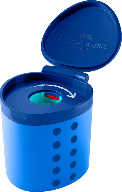 FABER-CASTELL Grippy 181790 Sharpener with Cutting Protection, Blue Sharpener with Container