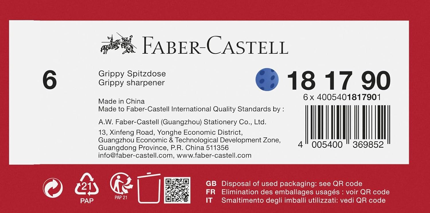 FABER-CASTELL Grippy 181790 Sharpener with Cutting Protection, Blue Sharpener with Container