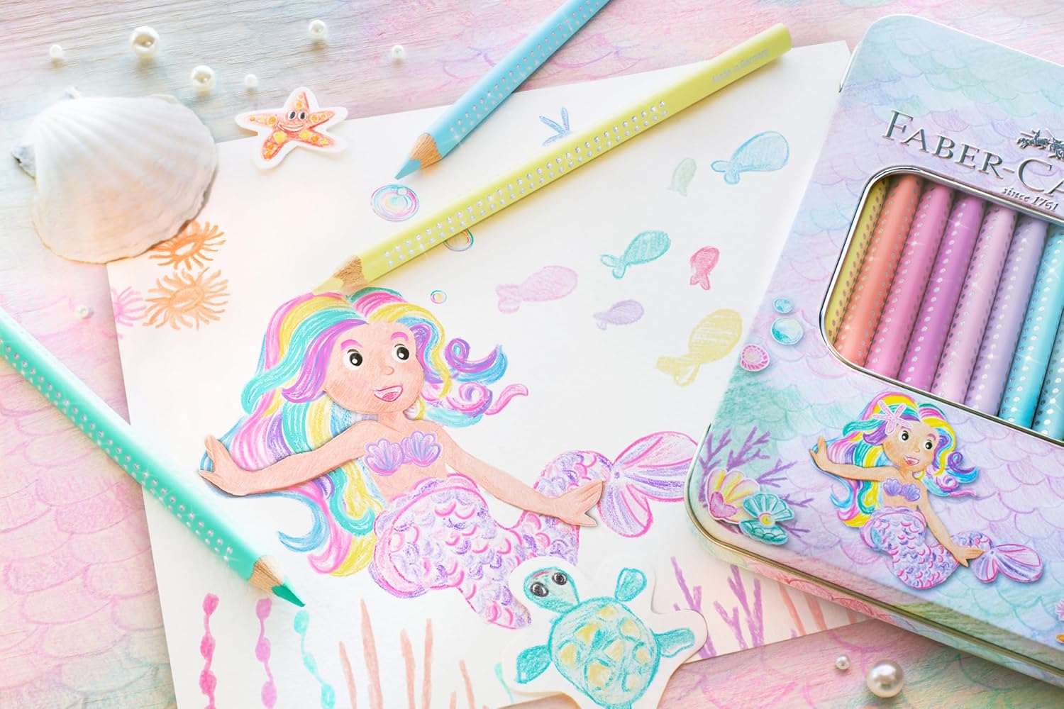Faber-Castell 210910 Jumbo Colouring Pencils Set Sparkle 10 Thick Pastel Colouring Pencils for Children