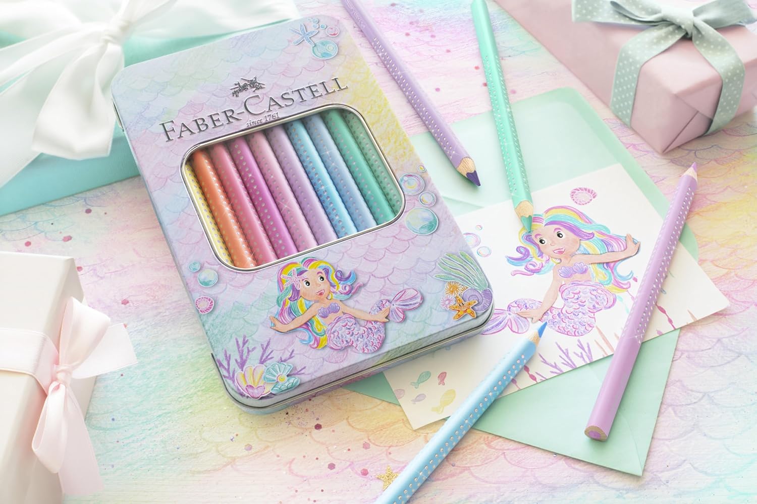 Faber-Castell 210910 Jumbo Colouring Pencils Set Sparkle 10 Thick Pastel Colouring Pencils for Children