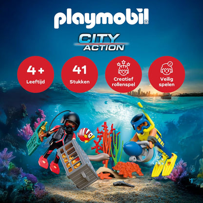 PLAYMOBIL City Action Politieduiker met schat, 2 figuren + onderwaterscooter & zeedieren, Stimuleert creativiteit, Kinderspeelgoed voor kinderen vanaf 4 jaar, 72078
