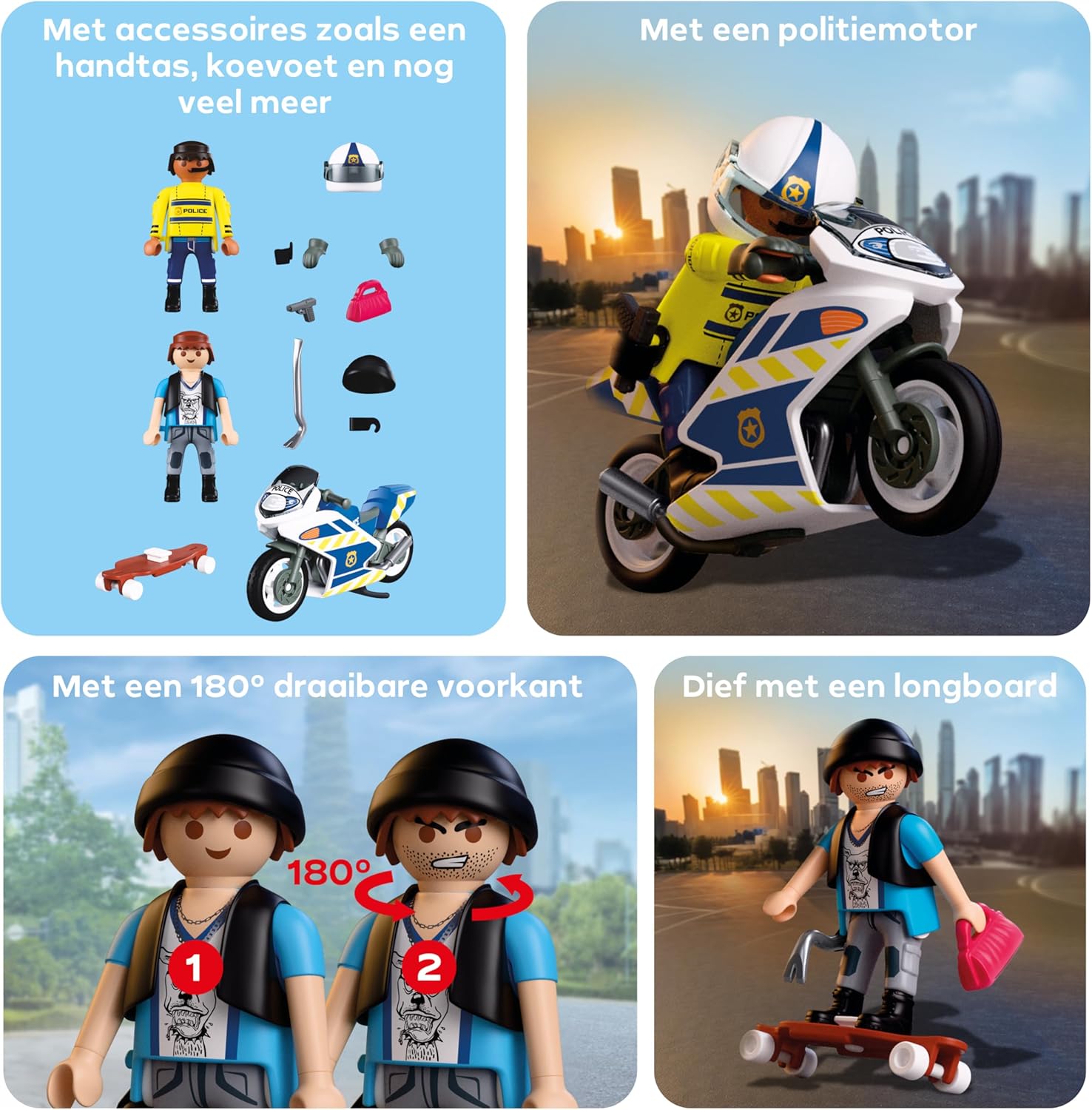 PLAYMOBIL City Action Politie Motorachtervolging, Politieagent achtervolgt dief op longboard, Stimuleert creativiteit, Kinderspeelgoed voor kinderen vanaf 4 jaar, 72079