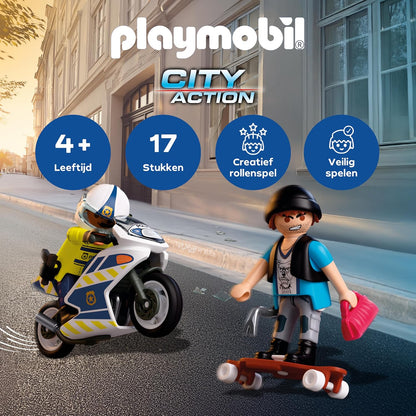PLAYMOBIL City Action Politie Motorachtervolging, Politieagent achtervolgt dief op longboard, Stimuleert creativiteit, Kinderspeelgoed voor kinderen vanaf 4 jaar, 72079