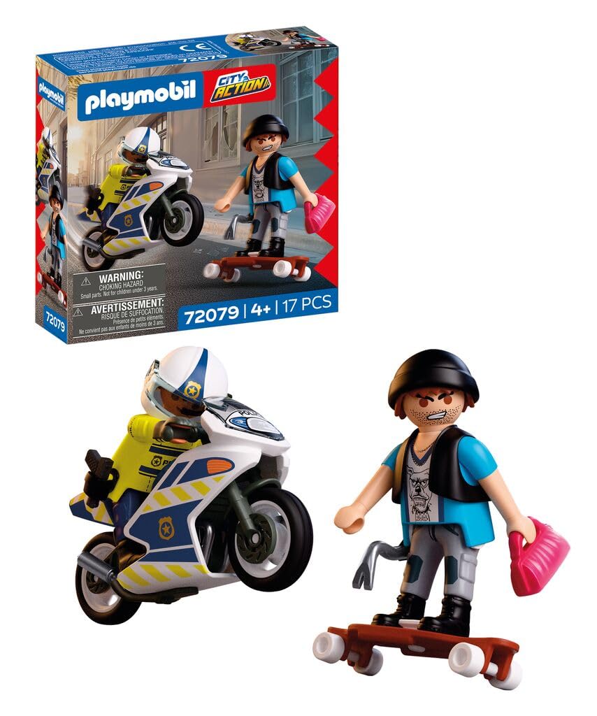 PLAYMOBIL City Action Politie Motorachtervolging, Politieagent achtervolgt dief op longboard, Stimuleert creativiteit, Kinderspeelgoed voor kinderen vanaf 4 jaar, 72079