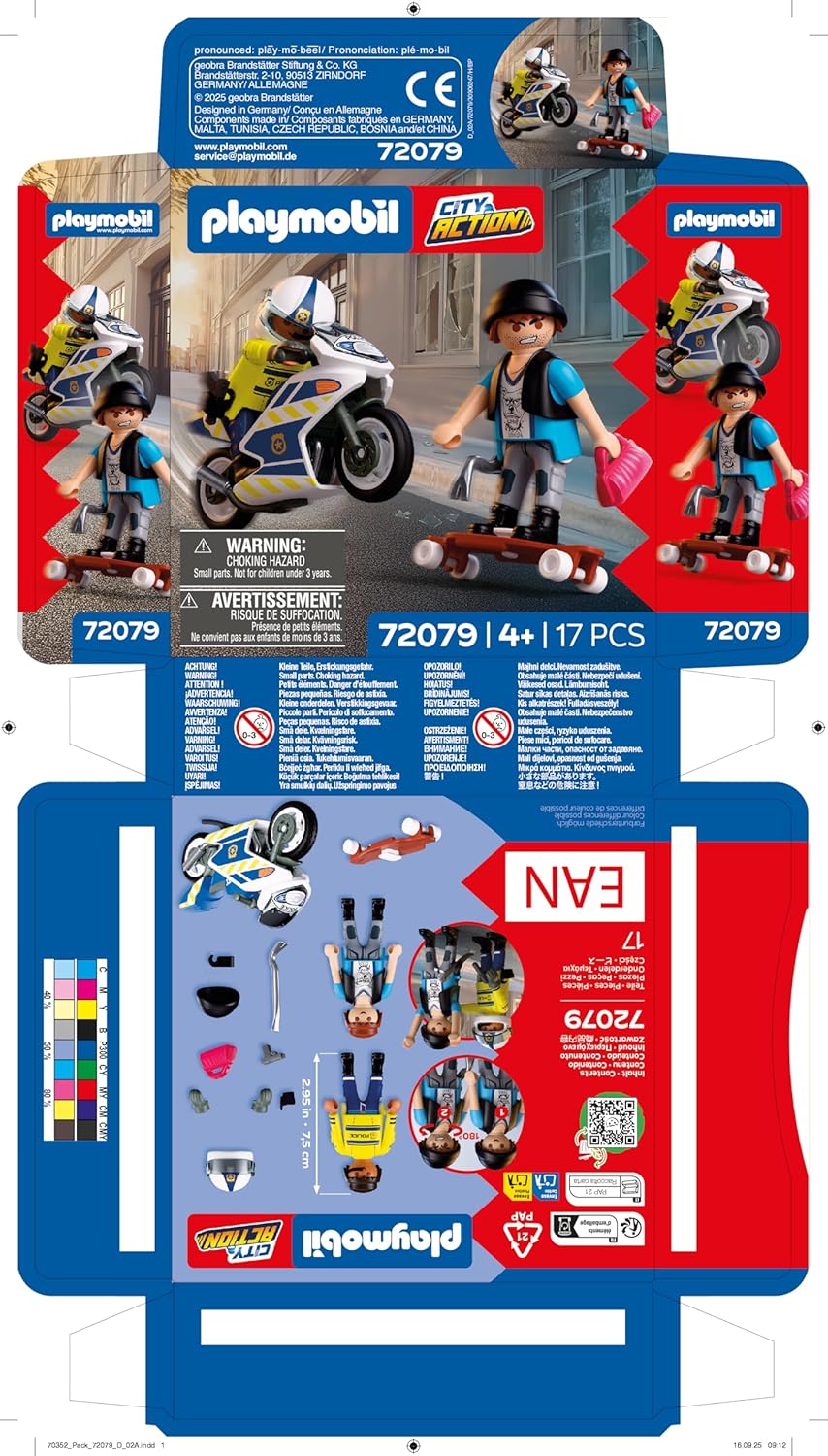 PLAYMOBIL City Action Politie Motorachtervolging, Politieagent achtervolgt dief op longboard, Stimuleert creativiteit, Kinderspeelgoed voor kinderen vanaf 4 jaar, 72079