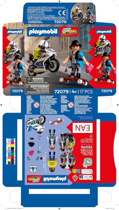 PLAYMOBIL City Action Politie Motorachtervolging, Politieagent achtervolgt dief op longboard, Stimuleert creativiteit, Kinderspeelgoed voor kinderen vanaf 4 jaar, 72079