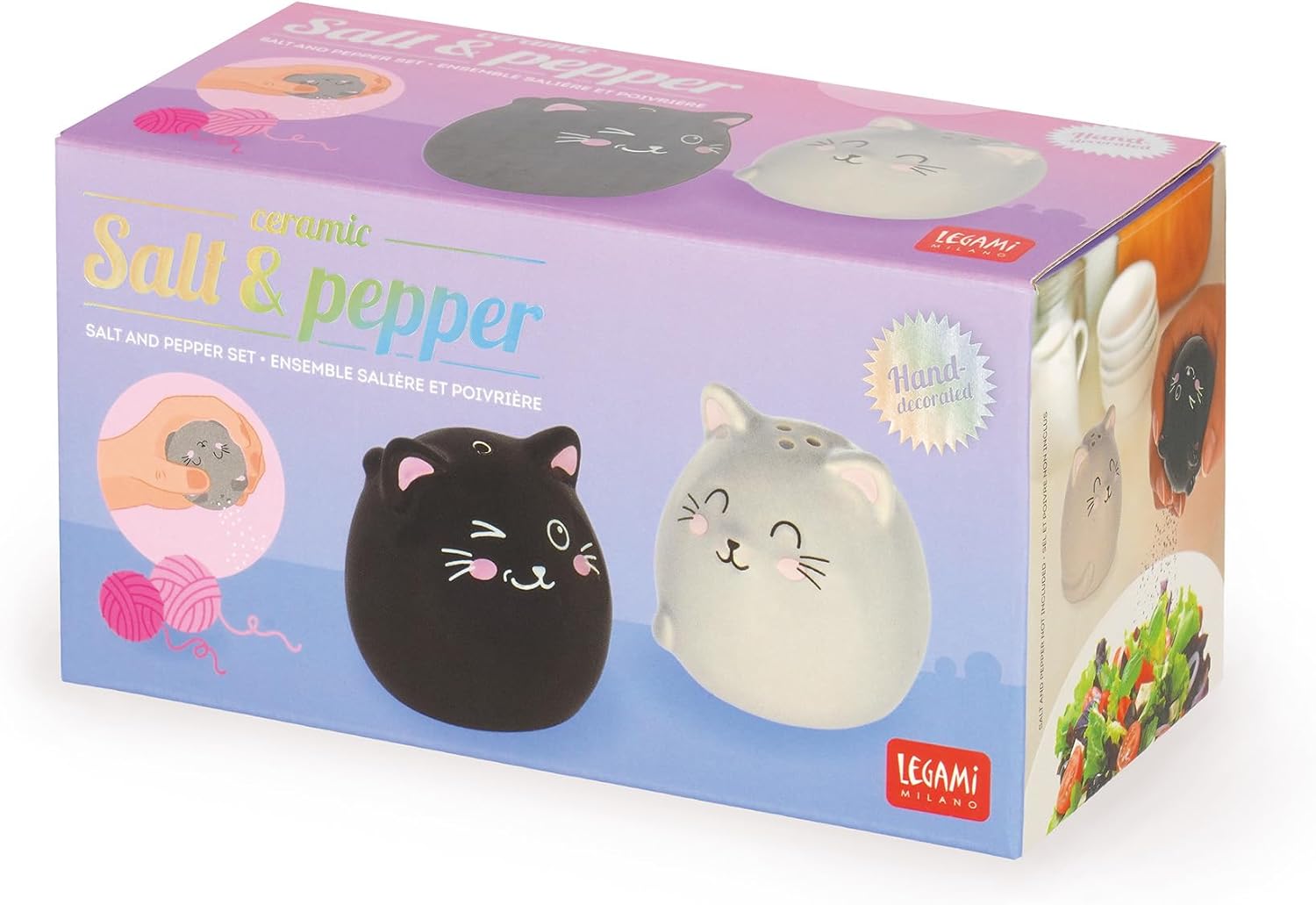 Legami - Ceramic Salt and Pepper Set in Ceranica, Kitty Theme, Hand-Decorated