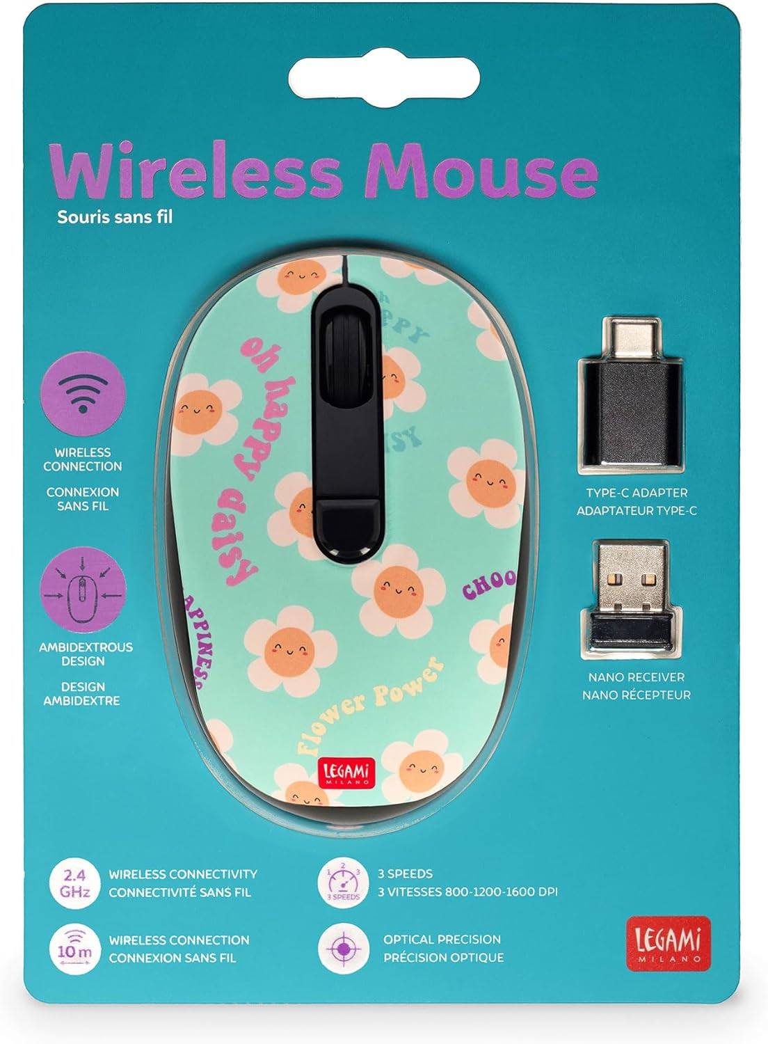 Legami - Wireless Mouse with Ultra Compact USB Receiver, Daisy Theme, 3 Speed Options, ABS Material, Wireless Connection up to 10 m