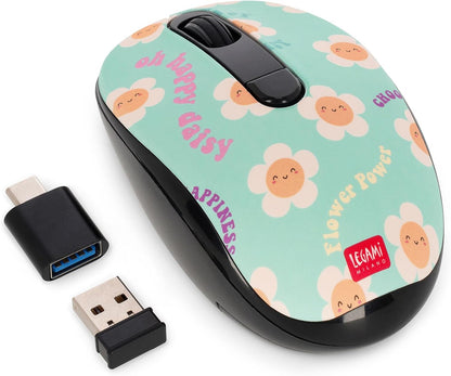 Legami - Wireless Mouse with Ultra Compact USB Receiver, Daisy Theme, 3 Speed Options, ABS Material, Wireless Connection up to 10 m