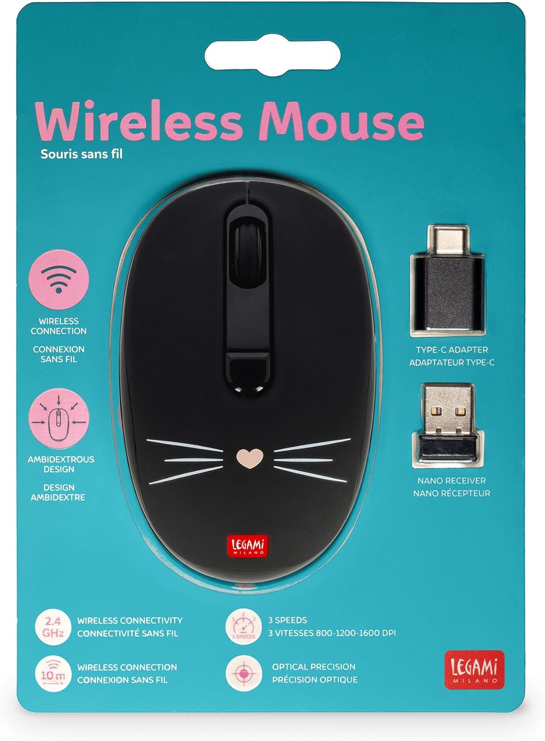 Legami - Wireless Mouse with Ultra Compact USB Receiver, Kitty Theme, 3 Speed Options, ABS Material, Wireless Connection up to 10 m