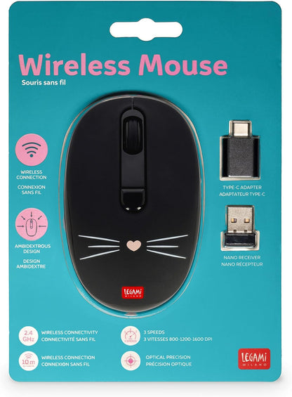 Legami - Wireless Mouse with Ultra Compact USB Receiver, Kitty Theme, 3 Speed Options, ABS Material, Wireless Connection up to 10 m
