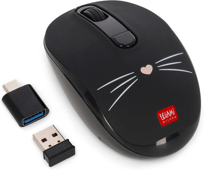 Legami - Wireless Mouse with Ultra Compact USB Receiver, Kitty Theme, 3 Speed Options, ABS Material, Wireless Connection up to 10 m