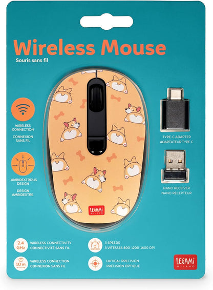 Legami - Wireless Mouse with Ultra Compact USB Receiver, Corgi Theme, 3 Speed Options, ABS Material, Wireless Connection up to 10 m