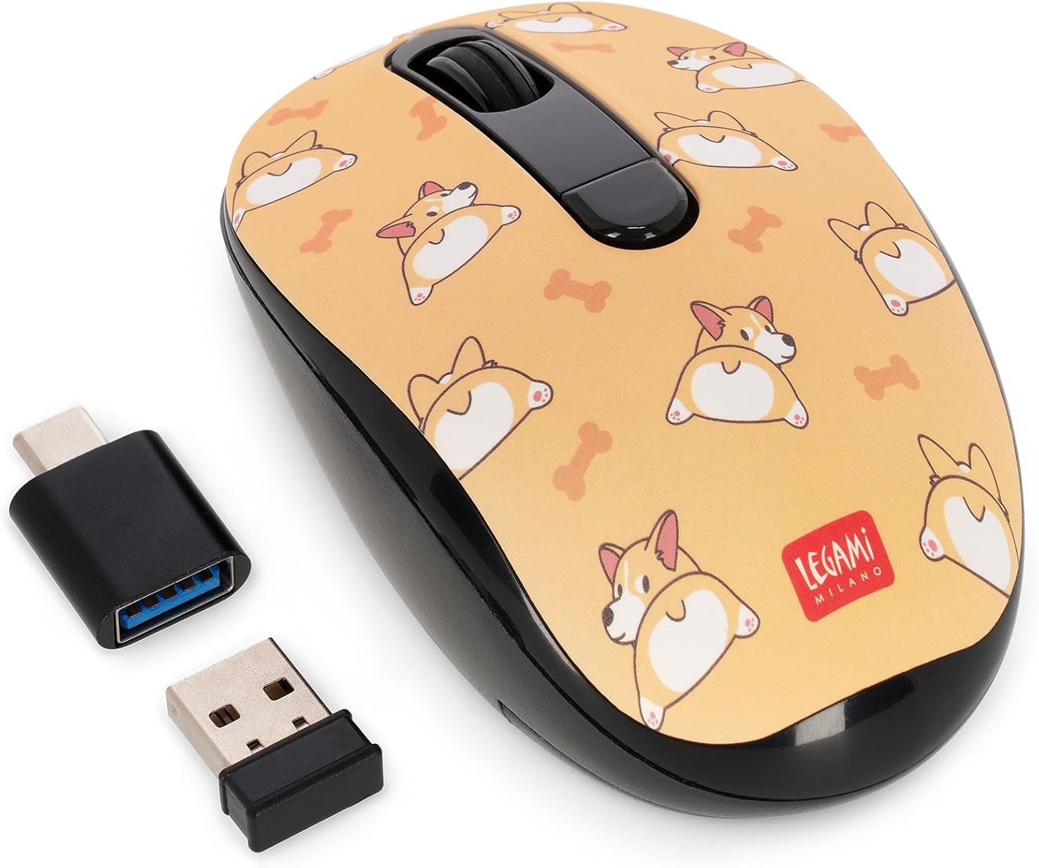 Legami - Wireless Mouse with Ultra Compact USB Receiver, Corgi Theme, 3 Speed Options, ABS Material, Wireless Connection up to 10 m
