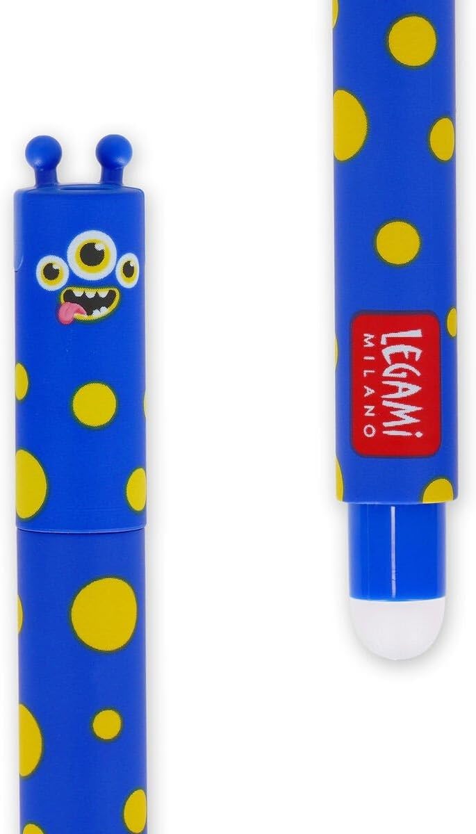 LEGAMI - Erasable Gel Pen, Ball on the End to Remove Blue Thermosensitive Ink, Tip Diameter 0.7 mm - MONSTER Theme