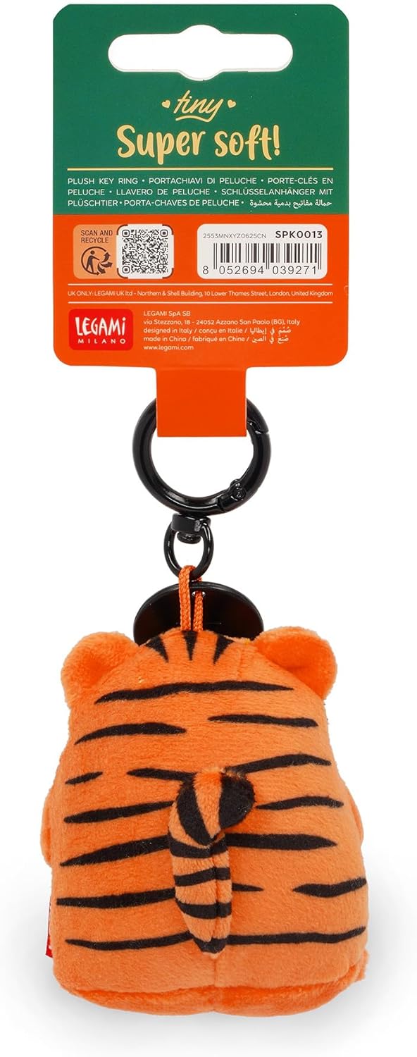 Legami - Super Soft! Tiger Themed Keyring, Plush Keychain, Pendant with Engraved Message and Zinc Carabiner, 7 x 11 cm