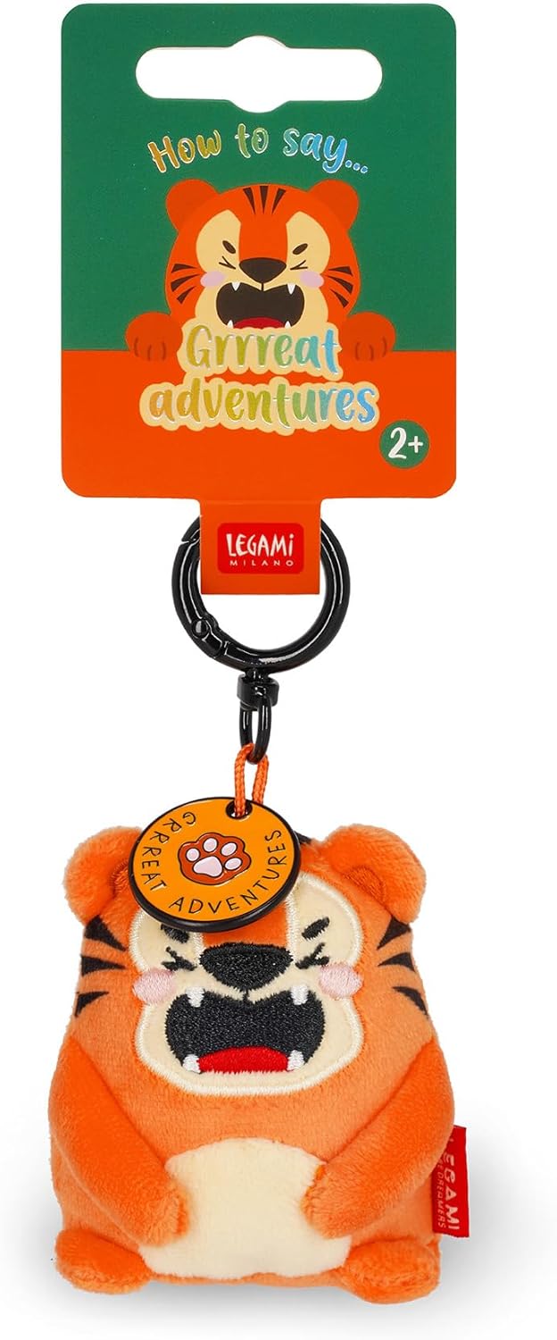 Legami - Super Soft! Tiger Themed Keyring, Plush Keychain, Pendant with Engraved Message and Zinc Carabiner, 7 x 11 cm