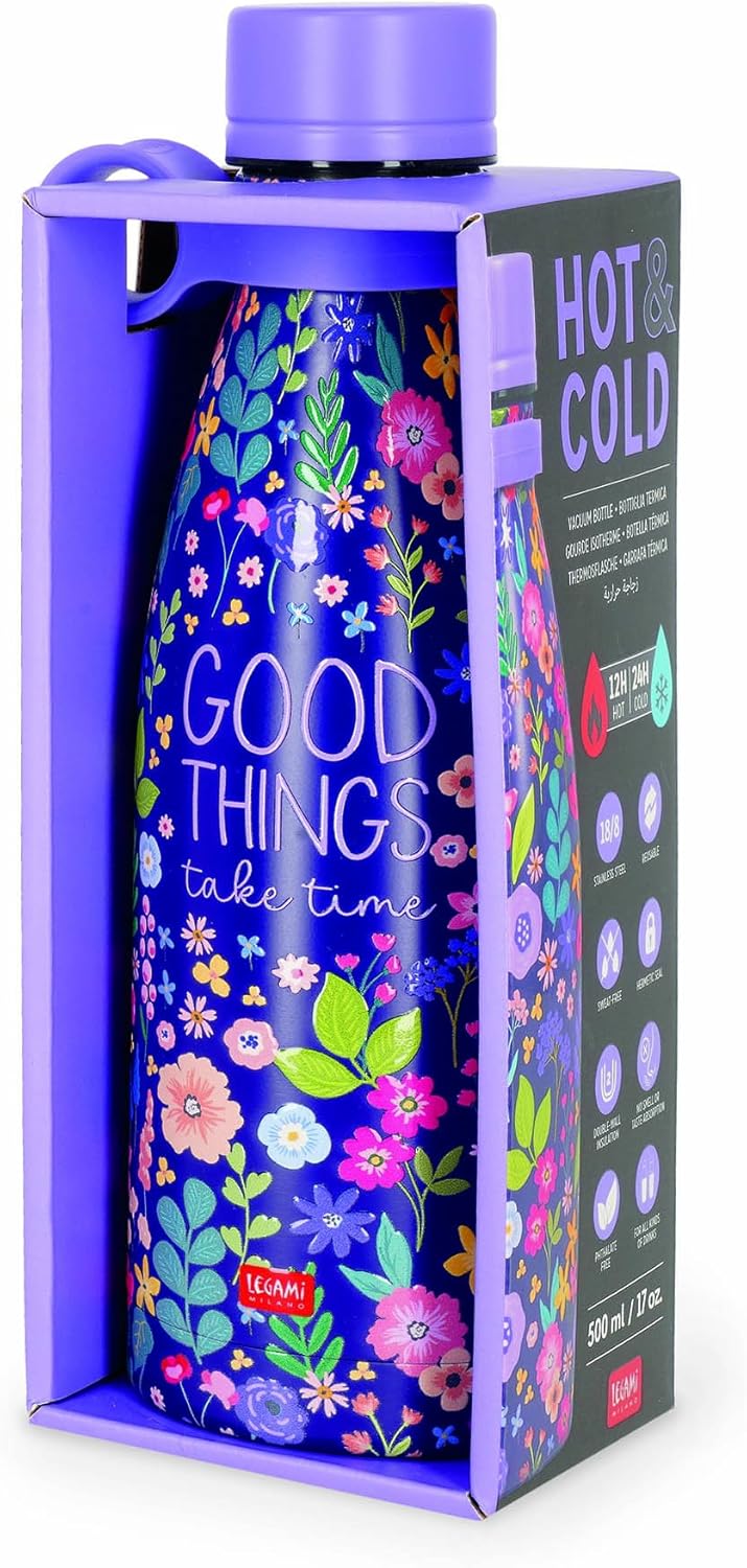 Legami - Thermo-Bottle, Hot&Cold, Theme Flowers 500 ml, Airtight, 12 Hours Hot Drinks 24 Hours Cold, Removable Silicone Handle, Stainless Steel, BPA Free