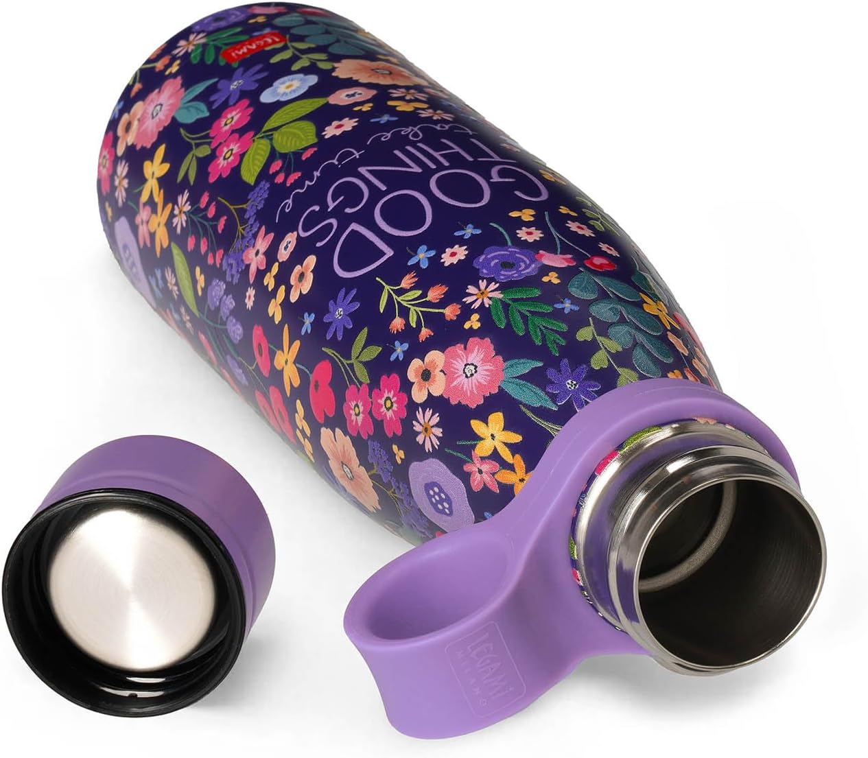 Legami - Thermo-Bottle, Hot&Cold, Theme Flowers 500 ml, Airtight, 12 Hours Hot Drinks 24 Hours Cold, Removable Silicone Handle, Stainless Steel, BPA Free