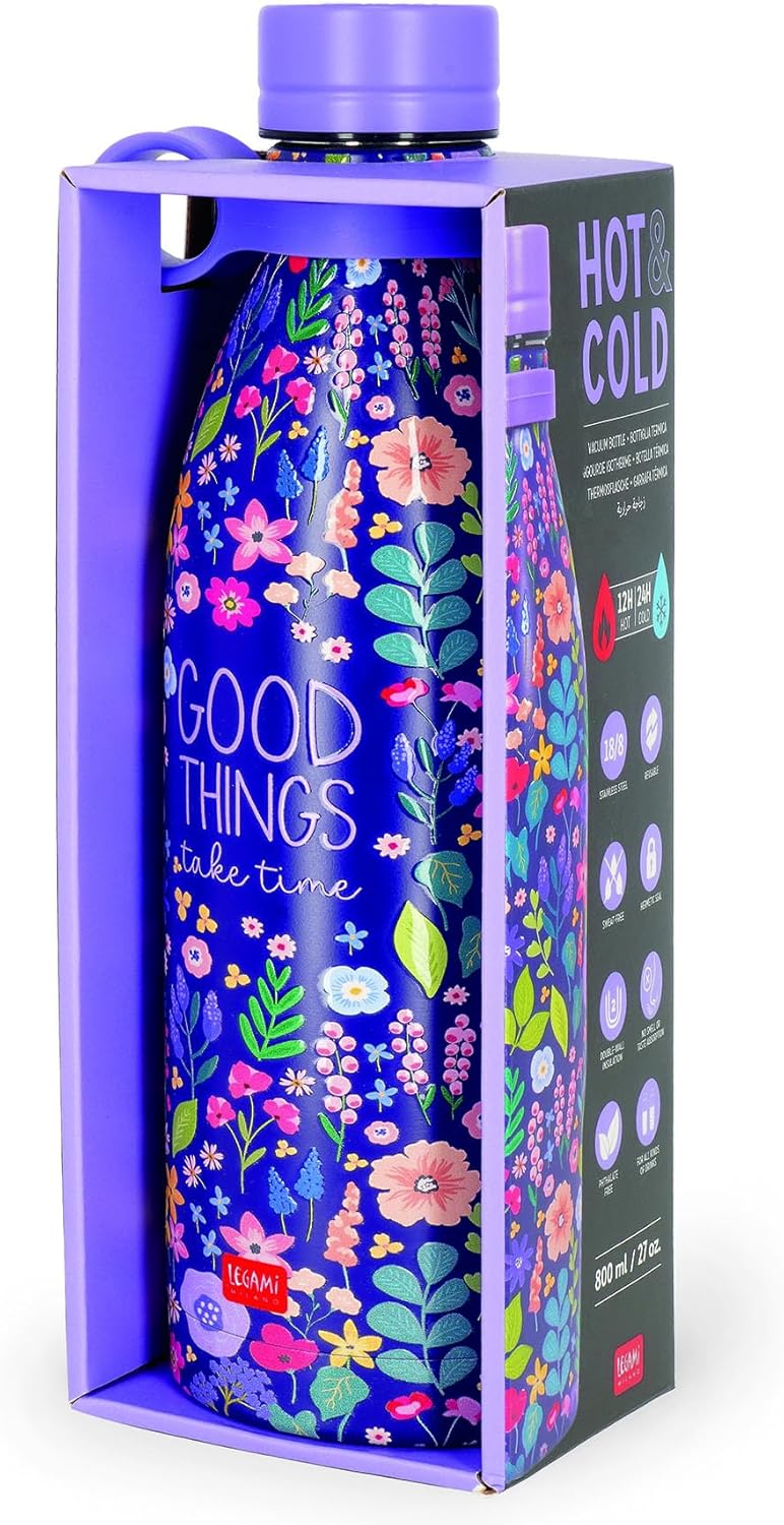 Legami - Hot & Cold, 800 ml, Flower Theme, Airtight Closure, Removable Silicone Handle, BPA and Phthalate Free