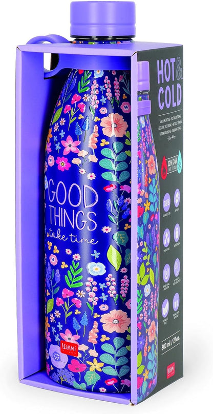 Legami - Hot & Cold, 800 ml, Flower Theme, Airtight Closure, Removable Silicone Handle, BPA and Phthalate Free