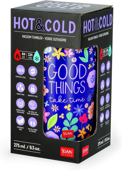 Legami - Thermal Mug - Hot & Cold - Vacuum Tumbler, Flower Motif, Lid with Airtight Closure, Stainless Steel, Capacity 275 ml, for All Types of Drinks