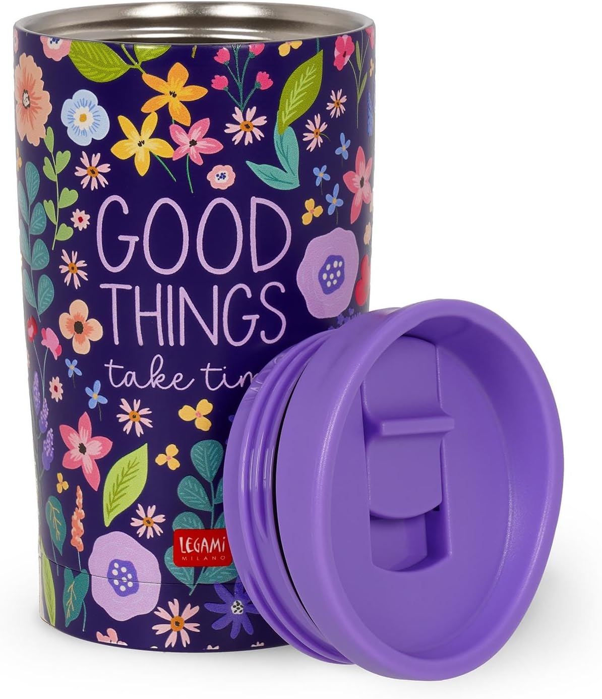 Legami - Thermal Mug - Hot & Cold - Vacuum Tumbler, Flower Motif, Lid with Airtight Closure, Stainless Steel, Capacity 275 ml, for All Types of Drinks