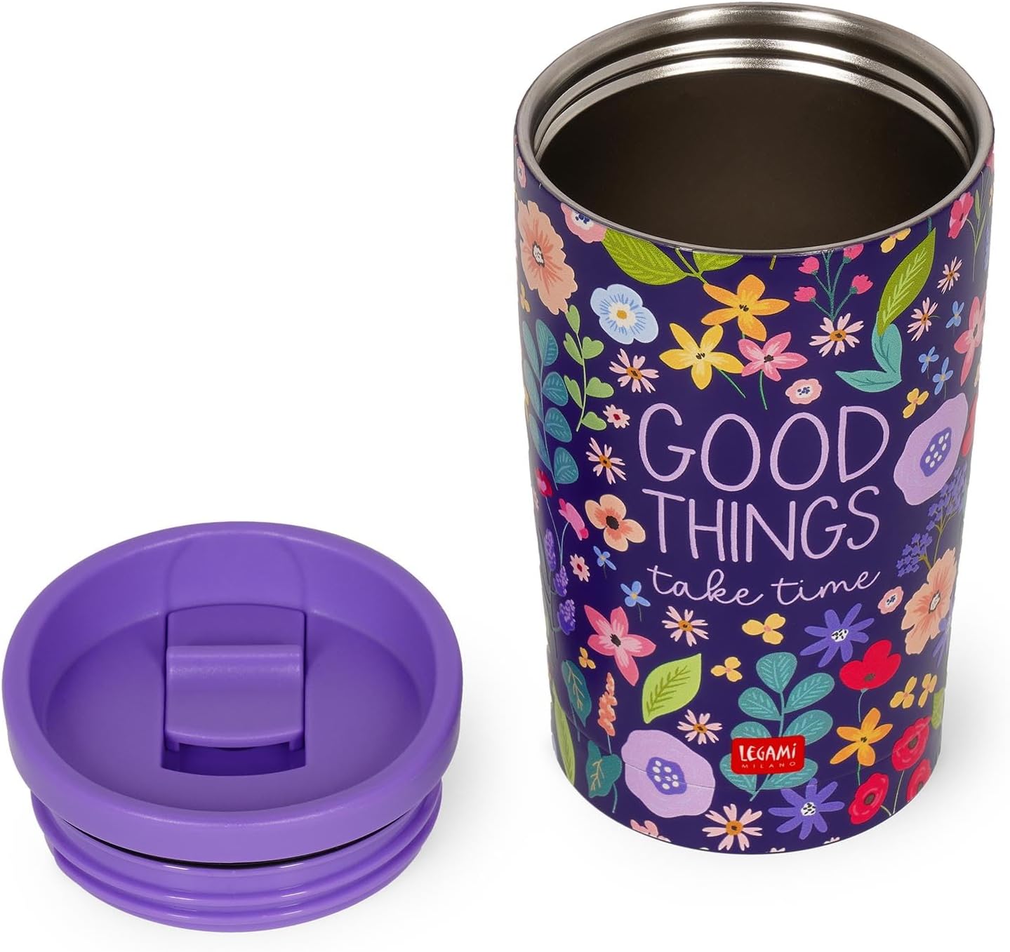 Legami - Thermal Mug - Hot & Cold - Vacuum Tumbler, Flower Motif, Lid with Airtight Closure, Stainless Steel, Capacity 275 ml, for All Types of Drinks