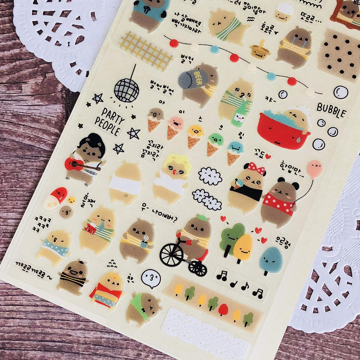 Suatelier No 1037 Lovely Bear - Clear Vinyl Stickers - Kawaii Korean Stationery Ice Cream Trees Party