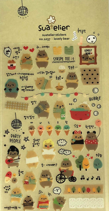 Suatelier No 1037 Lovely Bear - Clear Vinyl Stickers - Kawaii Korean Stationery Ice Cream Trees Party