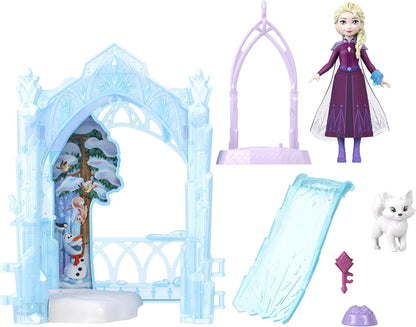 Mattel Disney Frozen Elsa Small Doll & Winter Animal Playset with Fox and Bird Figures, Slide & Accessories, Storytime Stackers Icy Animal Hideaway, JFG29