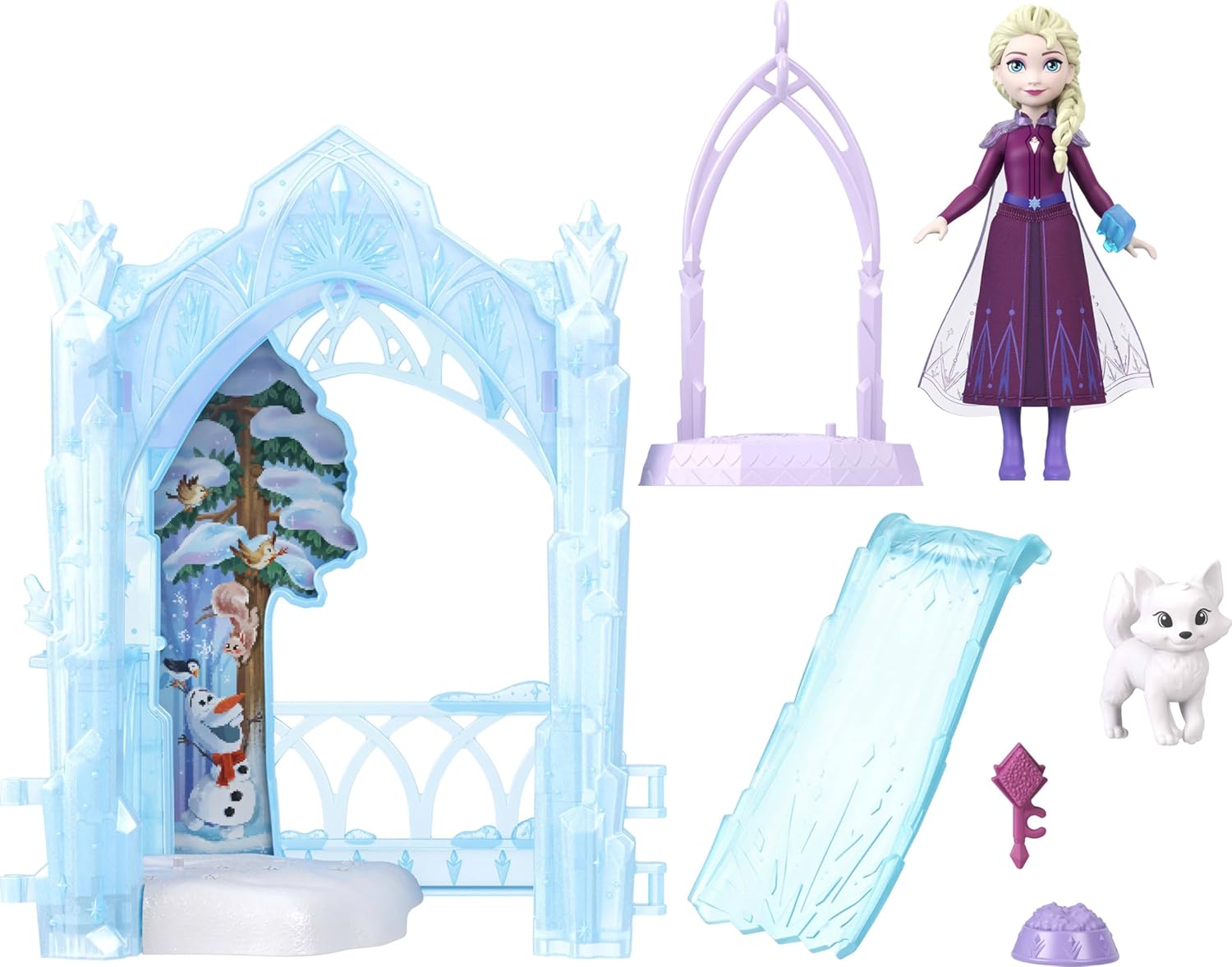 Mattel Disney Frozen Elsa Small Doll & Winter Animal Playset with Fox and Bird Figures, Slide & Accessories, Storytime Stackers Icy Animal Hideaway, JFG29