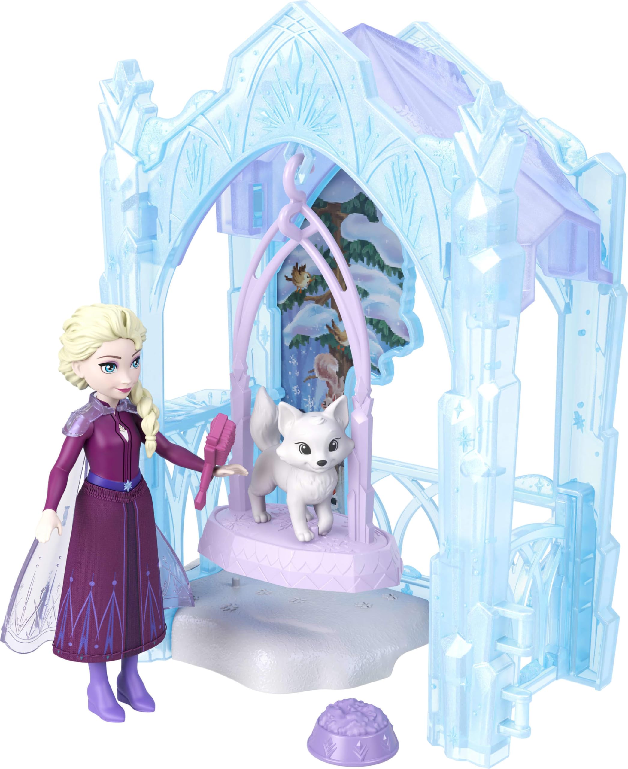 Mattel Disney Frozen Elsa Small Doll & Winter Animal Playset with Fox and Bird Figures, Slide & Accessories, Storytime Stackers Icy Animal Hideaway, JFG29
