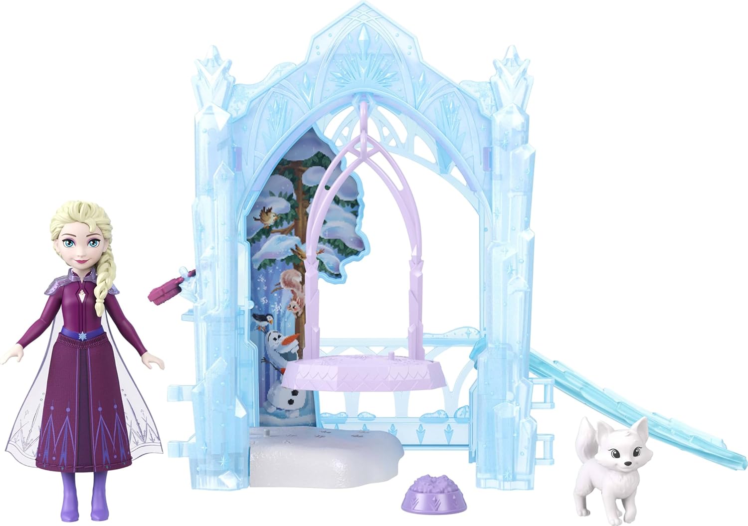 Mattel Disney Frozen Elsa Small Doll & Winter Animal Playset with Fox and Bird Figures, Slide & Accessories, Storytime Stackers Icy Animal Hideaway, JFG29