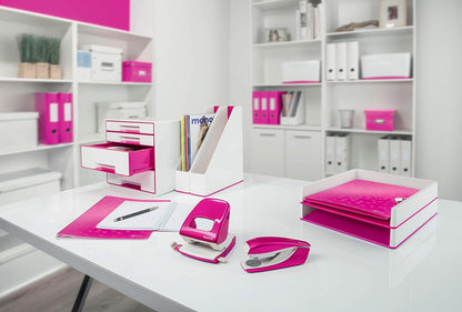 Leitz Hole Punch, 30 Sheets, Guide Bar with Format Markings, Metal, WOW Range, 50081023 - Metallic Pink Pink 30 Sheets Box
