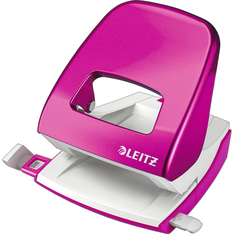 Leitz Hole Punch, 30 Sheets, Guide Bar with Format Markings, Metal, WOW Range, 50081023 - Metallic Pink Pink 30 Sheets Box