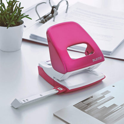 Leitz Hole Punch, 30 Sheets, Guide Bar with Format Markings, Metal, WOW Range, 50081023 - Metallic Pink Pink 30 Sheets Box