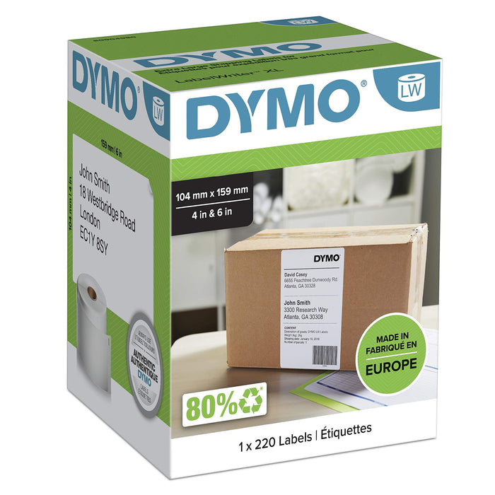 DYMO Authentic LabelWriter Extra Large Shipping Labels | 104 mm x 159 mm | Self Adhesive | Roll of 220 Easy-Peel Labels | for LabelWriter 4XL/5XL Label Makers
