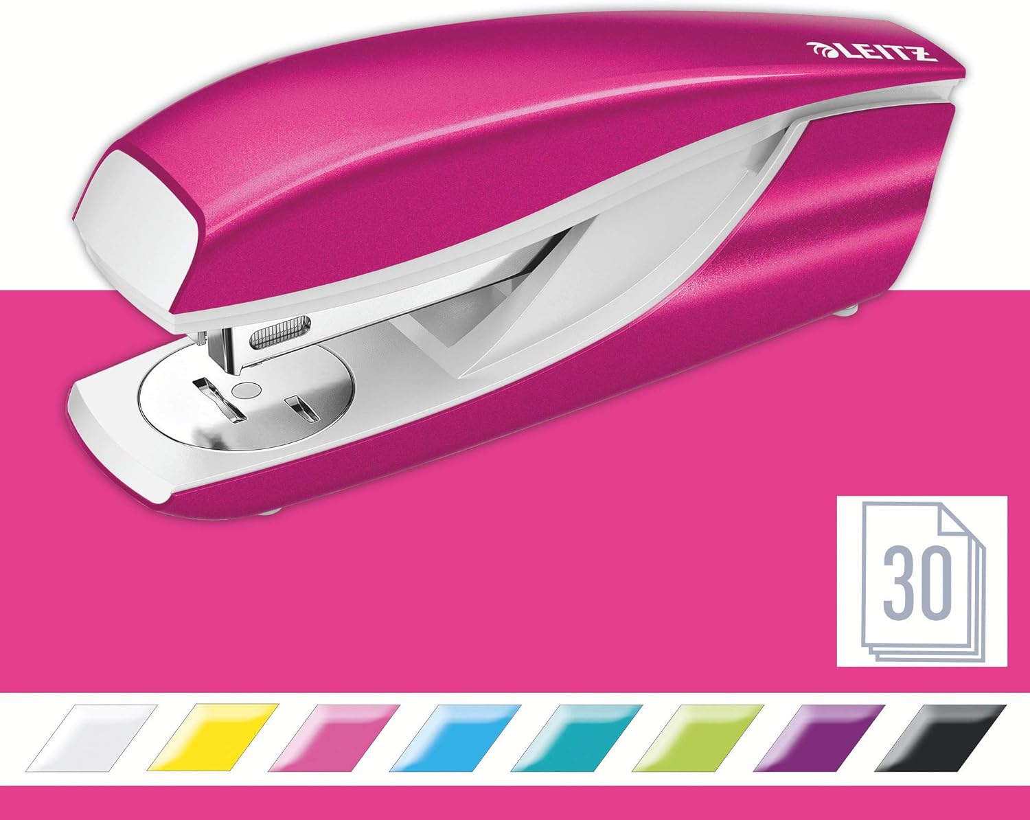 Leitz Heftgerät, 30 Blatt Tacker mit 200 Heftklammern, Hefter aus Metall mit Kunststoffelementen, WOW Serie, Pink, 55021023