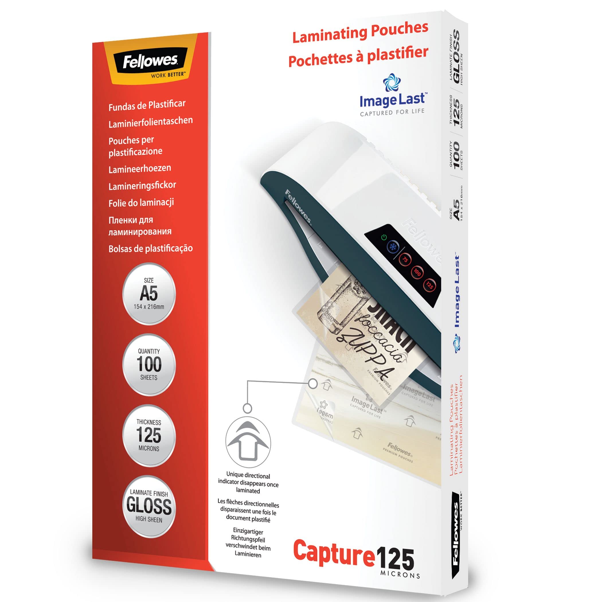 Fellowes Laminierfolien A5 ImageLast, 125 Mikron (2 x 125 mic), 100 Stück, transparent mit Ausrichtungshilfe (Packung mit 2