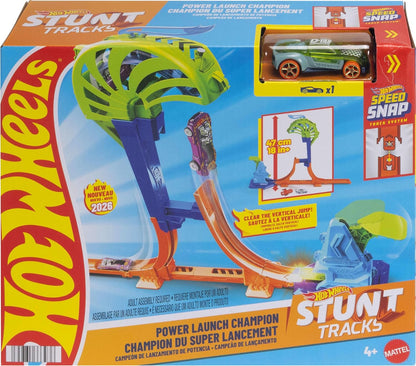 Hot Wheels Toy Car & Track Set, Stunt Tracks Power Launch Champion with 1.5-Foot Jump with Catch Cage, Speed Snap Track Compatible, 1:64 Scale Vehicle, JHK75