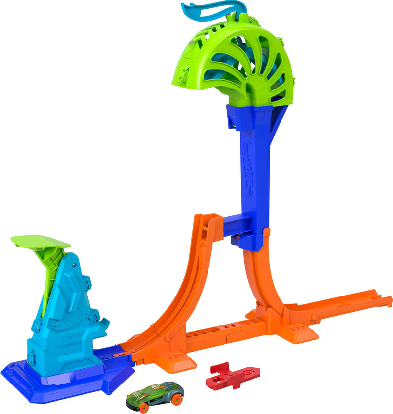 Hot Wheels Toy Car & Track Set, Stunt Tracks Power Launch Champion with 1.5-Foot Jump with Catch Cage, Speed Snap Track Compatible, 1:64 Scale Vehicle, JHK75
