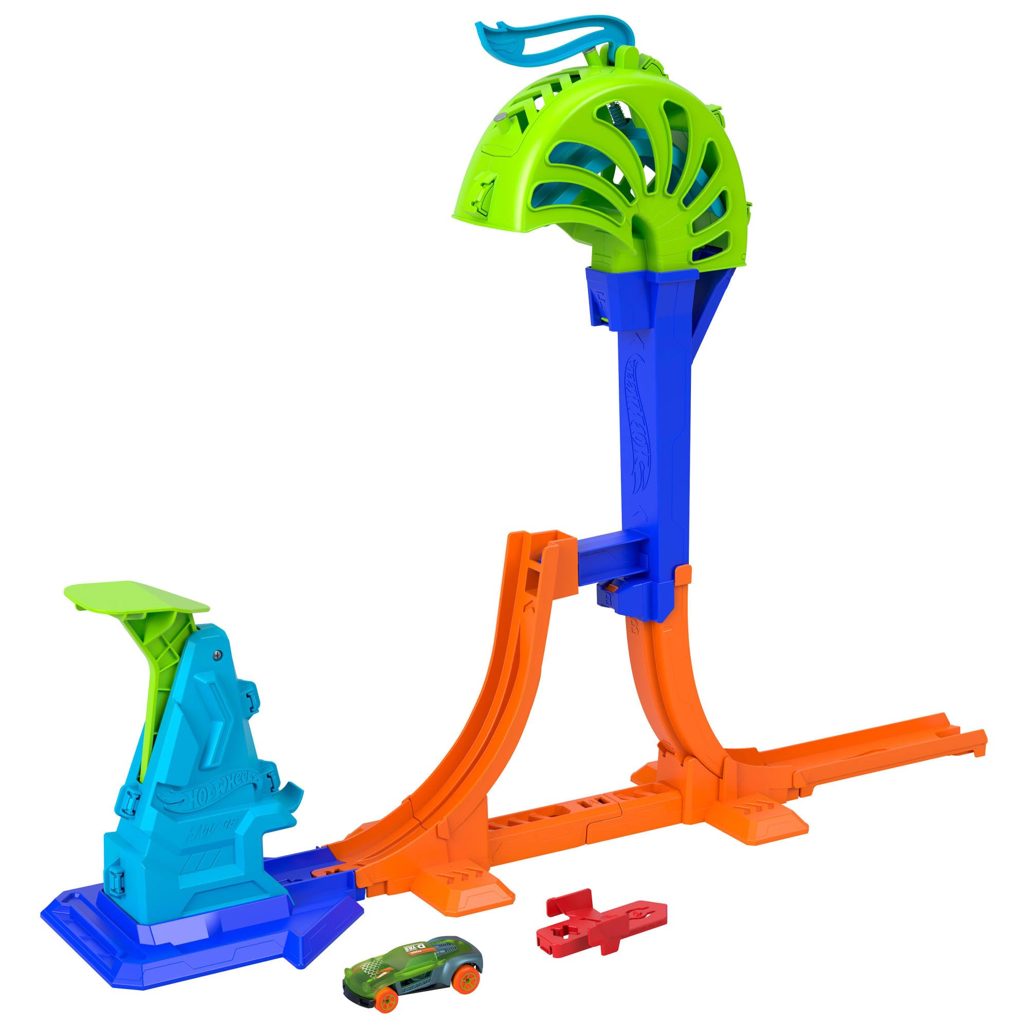 Hot Wheels Toy Car & Track Set, Stunt Tracks Power Launch Champion with 1.5-Foot Jump with Catch Cage, Speed Snap Track Compatible, 1:64 Scale Vehicle, JHK75