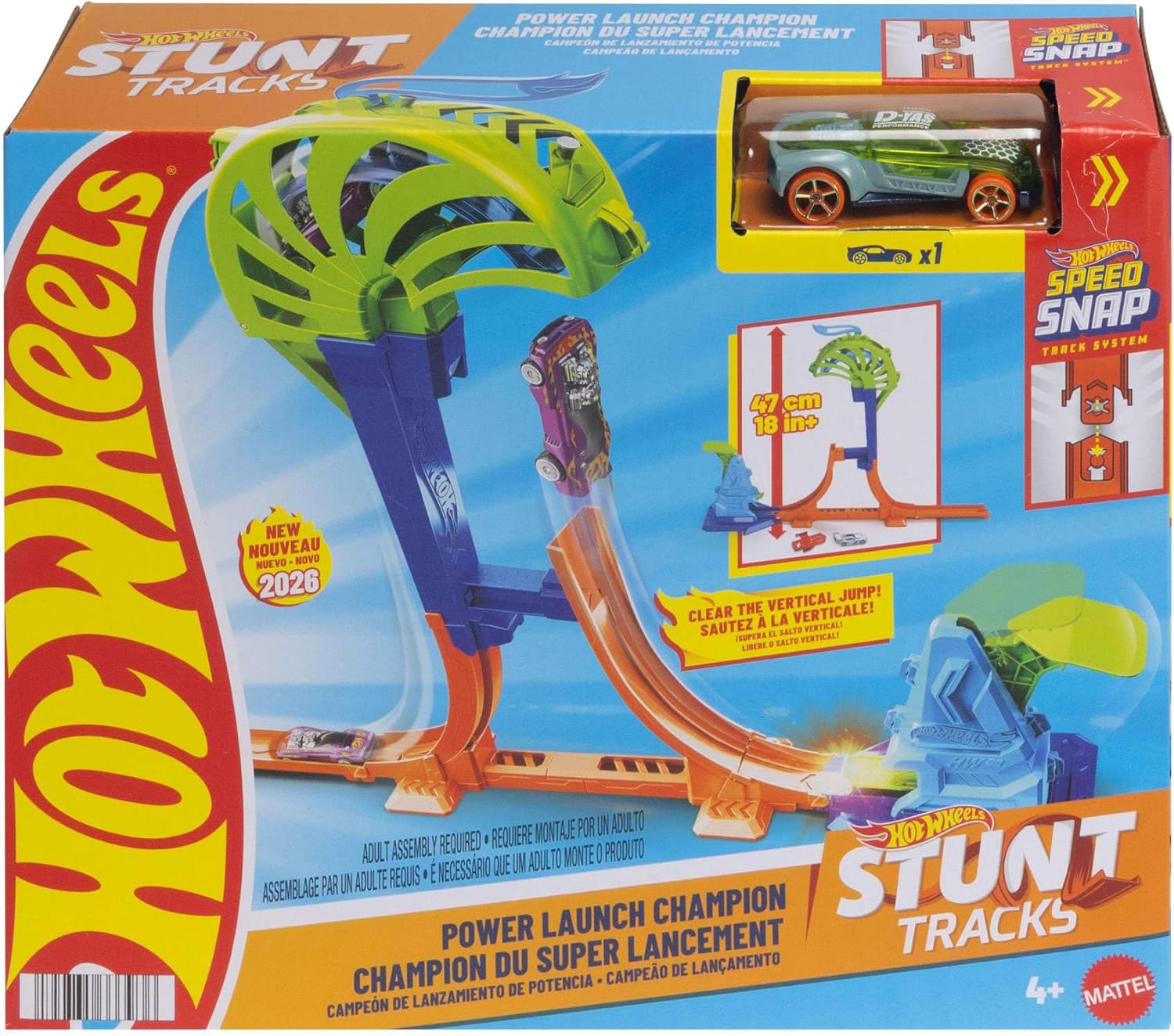 Hot Wheels Toy Car & Track Set, Stunt Tracks Power Launch Champion with 1.5-Foot Jump with Catch Cage, Speed Snap Track Compatible, 1:64 Scale Vehicle, JHK75