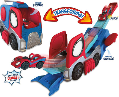 Jazwares MARVEL Spidey and His Amazing Friends Transforming Hauler Raceway - 9-Inch Vehicle and Trackset with Exclusive Amazing Metal