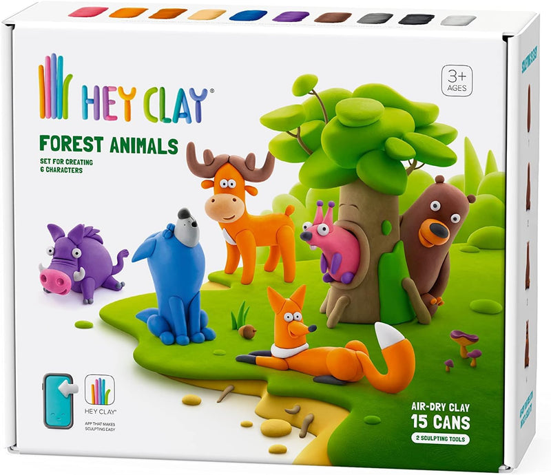 Hey Clay Waldtiere-Set – bunte Modellier-Kinder – lufttrockenes Ton-Set 15 Dosen und Modellierwerkzeuge mit lustiger interaktiver Anleitung (evtl. nicht in deutscher Sprache)